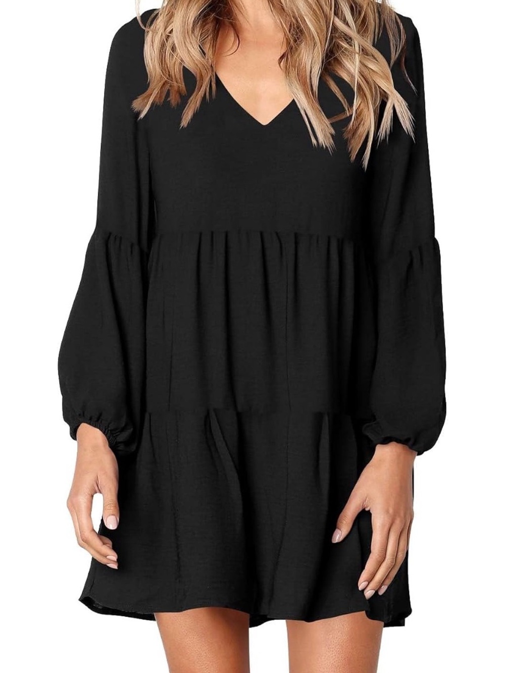 Black V-Neck Long Sleeve Tiered Mini Dress